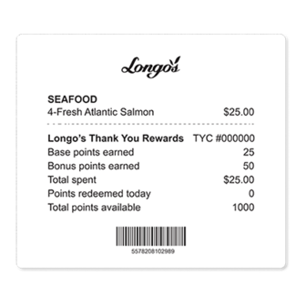 Longo&rsquo;s receipt showing salmon purchase and rewards points details.
